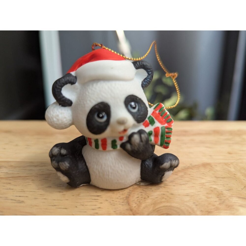 Russ ceramic Christmas Santa hat scraf Panda bear hanging ornament 3‎ inch 80s